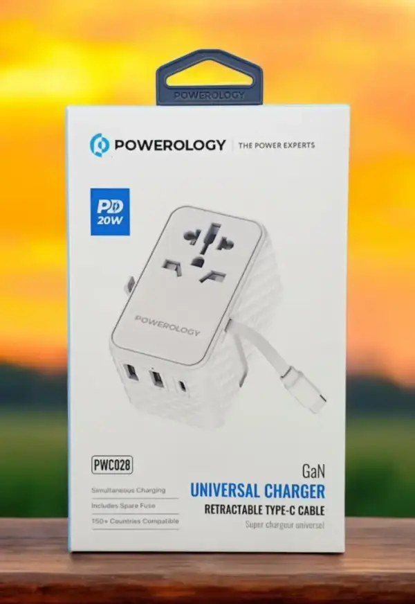 POWEROLOGY GAN UNIVERSAL CHARGER RETRACTABLE TYPE-C CABLE 20W PD | WHITE